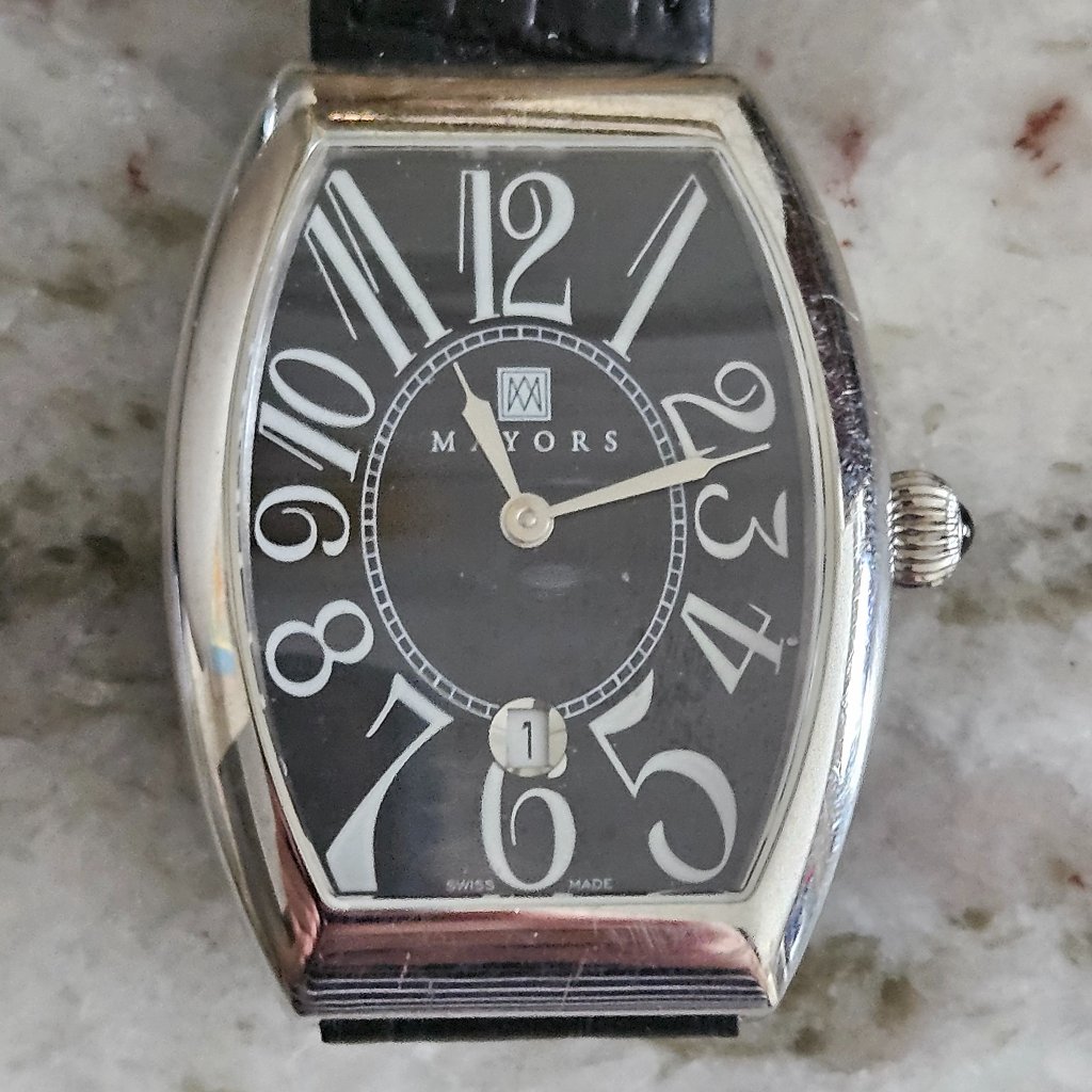 Rare Vintage Mayors Birks Tourneau Sapphire Crystal Swiss Made Leather Watch